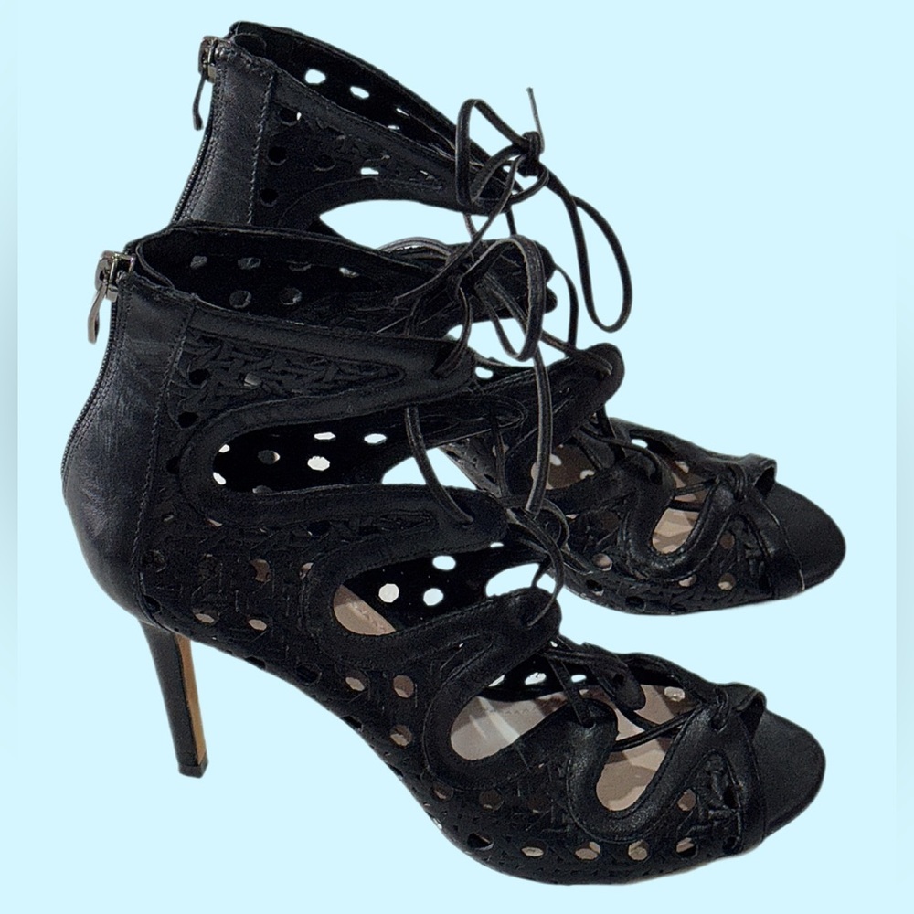Vince Camuto Black Leather Lace-Up Cut-Out Stiletto Heels 8.5 | Jillie S… - Picture 2 of 8